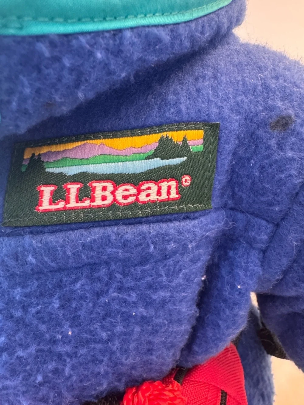 Vintage! L.L. Bean Teddy Plush Dark Brown Bear in Blue Fleece with Red Pack - Picture 2 of 9
